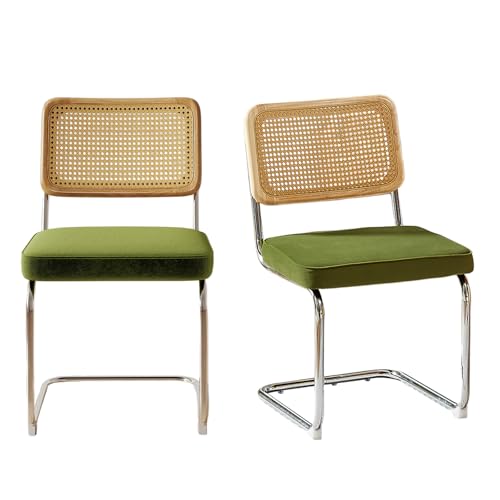 Rattan Dining Chairs Set of 2,Velvet Cesca Chair Kitchen Chair,Olive Green | VICBARLEY Mid Century Modern Dining Chairs,Wood Cane Backrest&Chrome Base,Upholstered Side Chair for Dining Room,Kitchen - color: Olive Green, size: Set of 2