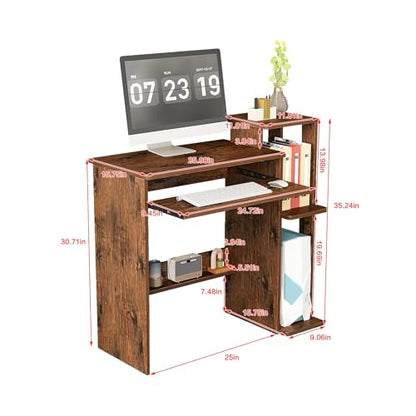 35" Compact Computer Desk with 3-Tier Storage Shelves & Keyboard Tray – Small Study Table for Bedroom or Home Office (Brown) - color: Brown