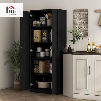 HOMCOM 63" 2-Door Kitchen Pantry 5-Tier Black Wood Grain | Freestanding Storage Cabinet, Shelving, 2 Adjustable Shelves, for Dining Room - color: Black