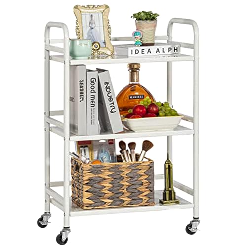 HDANI 3 Tier Rolling Cart Shelves,Heavy Duty Multifunctional Metal Frame-Supports 22 Lbs Per Tier,Rolling Cart with 2 Lockable Wheels for Home, Office,Kitchen,Bathroom,Bedroom,White - color: White, size: Small Solid