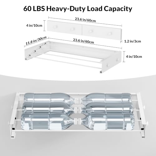 Foldable Wall Mounted Drying Rack, 23.6"Long, Weight Capacity is 60 Lbs | Waterproof and Moisture-Resistant, 4 Towel Hooks and 4 Drying Rods, Space Saving for Bathroom, Balcony, Hallway and Garage