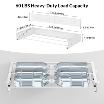 Foldable Wall Mounted Drying Rack, 23.6"Long, Weight Capacity is 60 Lbs | Waterproof and Moisture-Resistant, 4 Towel Hooks and 4 Drying Rods, Space Saving for Bathroom, Balcony, Hallway and Garage