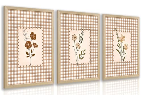 LERVR Wood Framed Vintage Floral Wall Art Set of 3, Rustic Farmhouse Flower Wall Decor, Brown Gingham Botanical Canvas Print, Neutral Cottage Botanical Artwork for Living Room Bedroom 12x16 Inch - color: PlaidPrint, size: 16"L x 12"W