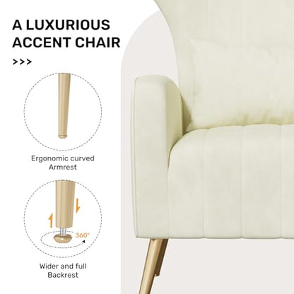 Nebuaegis Velvet Accent Chair Set of 2Wingback for Living Room, High Back Arm Chair with Golden Legs Lumbar Pillow, Upholstered Single Sofa Bedroom Beige - color: Beige, size: Set of 2