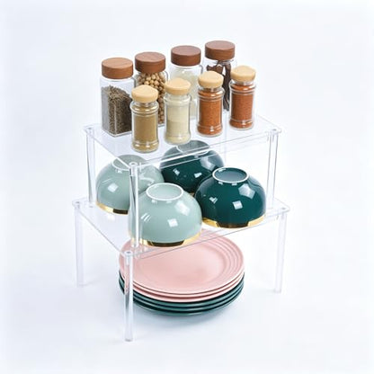 OTraki Acrylic Cabinet Organizer Set of 2 Stackable Clear Cabinet Shelf | Kitchen Pantry Organizers and Storage Display Pantry Cabinet Shelf Shelf Organizer for Dishes, Spices, Soda Cans and Bottles