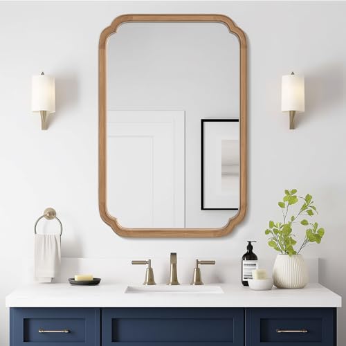 24" x 36" Rounded Corner Arch Wall Mirror with Wood Frame for Entryway, Living Room or Bedroom Home Decor - Light Woodgrain [24" x 36" Honey-Colored] - color: Honey a, size: 36"L x 24"W