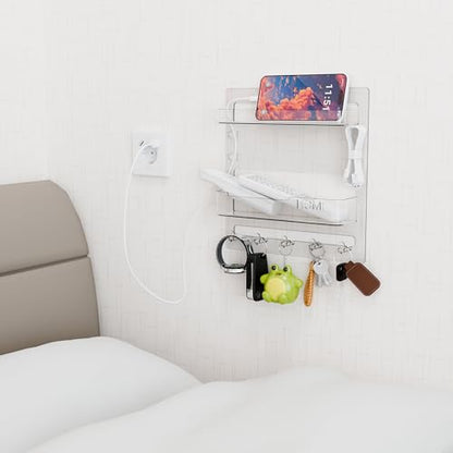 Bedside Shelf for Dorm Bed,Rv,Small Room and Nightstand,Wall Mounted Floating Shelves and Bedside Wall Organizer for Remote,Phone Holder,Charging Shelf,Cute Bedroom Decor for College Girl,Clear