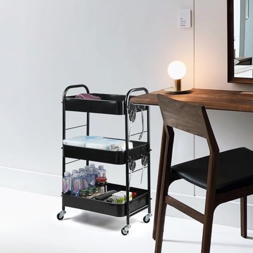 SUNLPH 3-Tier Rolling Utility Cart with Stopper Caster Wheels and 4 Hooks, Easy Assembly, for Kitchen, Bathroom, Living Room, Office (17.7”L x 12.2”W x 29.1”H, Black)