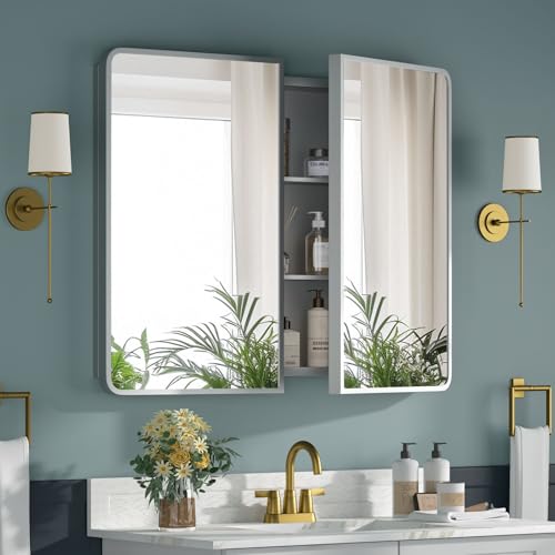 Bathroom Medicine Cabinet with Mirror 24x30Inch, Silver Medicine Cabinet Recessed or Surface Wall-Mounted, Mirrored Cabinets with Sturdy Metal Adjustable Shelves for Bathroom Vanity - color: Silver, size: 24*30inch
