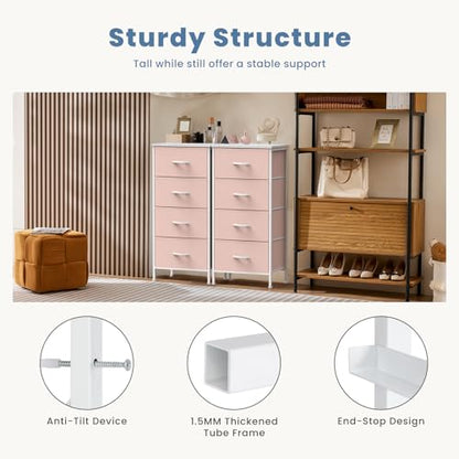 DUMOS Nightstand, Bedside Table with 4 Fabric Drawers | Night Stand with Sturdy Steel Frame Wood Top, Small Narrow Dresser Organizer Furniture, Bedroom Closet Living Room, Pink - color: Pink, size: 11.8"D x 17.7"W x 37.4"H (4 Drawers)