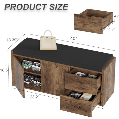 LVB Entryway Shoe Bench, Rustic Storage Bench with Cushioned Seating | Long Hidden Shoe Storage Bench with 2 Drawers, Industrial Wooden Shoe Benchs in Hallway Living Room Bedroom, Rustic Brown - color: Rustic Brown