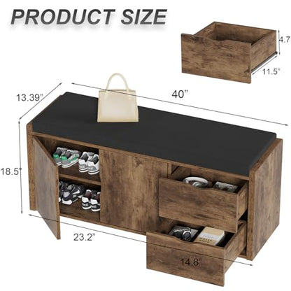 LVB Entryway Shoe Bench, Rustic Storage Bench with Cushioned Seating | Long Hidden Shoe Storage Bench with 2 Drawers, Industrial Wooden Shoe Benchs in Hallway Living Room Bedroom, Rustic Brown - color: Rustic Brown
