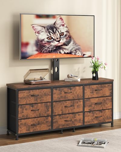 TV Stand with Mount for 32/55/65/75/85 inch TVs, Entertainment Center with 9 Fabric Drawers Dresser Storage, Height Adjustable Media Console - color: Rustic Brown