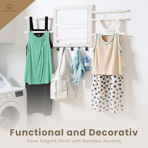 Bamboo Wall Mount Drying Rack for Laundry White | Wall-mount bamboo rack with 8 swivel arms holds 80 lb; folds to 1.7 in deep. Ships assembled with 5 steel hooks.