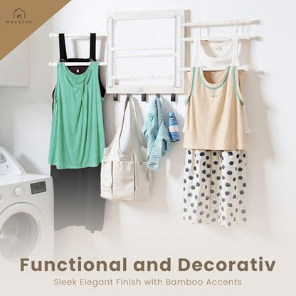 Bamboo Wall Mount Drying Rack for Laundry White | Wall-mount bamboo rack with 8 swivel arms holds 80 lb; folds to 1.7 in deep. Ships assembled with 5 steel hooks.