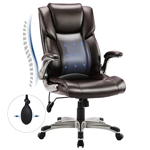 COLAMY High Back Executive Office Chair- Ergonomic Home Computer Desk Leather Chair with Padded Flip-up Arms, Adjustable Tilt Lock, Swivel Rolling Chair for Adult Working Study-Brown - color: Brown, size: Set of 1