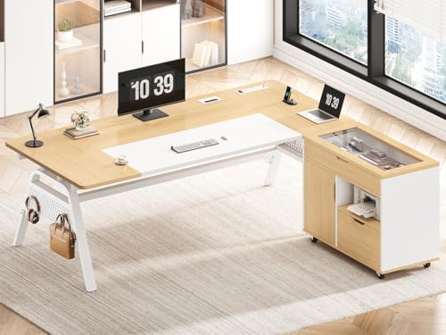 SEDETA L Shaped Computer Desk with Mobile File Cabinet & Power Outlets, Executive Home Office Desk with Storage Drawers, Pegboard, Cable Management, Reversible L Desk for Work & Gaming, White + Oak