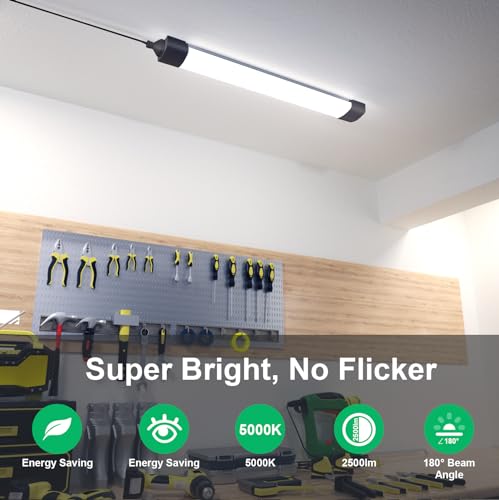 Plug in Light Fixture 2FT Linkable 5000K Under Cabinet Lighting, LED Tube Light Fixture with Plug, Triproof Ceiling Wall Light for Closet Workbench Kitchen Basement Garage | LED Tube Light Fixture with Plug, Triproof Ceiling Wall Light for Closet Workbenc
