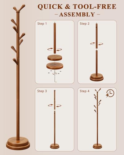 STARSAGA Solid Wood Coat Rack Freestanding Coat Tree with 8 Hooks | Adjustable Height Heavy Duty Coat Rack with Rounded Hooks & Dual-Layer Base, Holds Coats Hats Bags for Entryway, Bedroom - color: Walnut