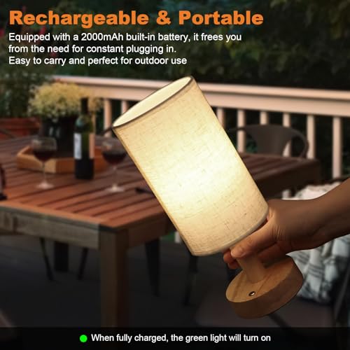 Rechargeable Cordless Touch Table Lamp with Stepless Dimming,Natural Wood Base&Linen Shade,Small Battery Wireless Ambient Night Light for Bedroom,Bedside,Nightstand,Nursery,Kitchen,Camping,Outdoor - size: Round - Cordless Touch - Set of 1