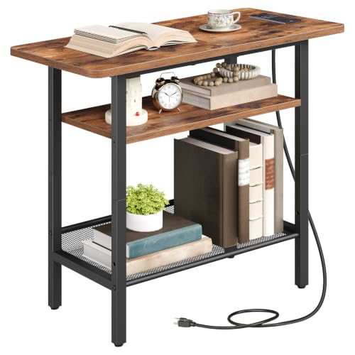 HOOBRO Side Table, Narrow End Table with Shelf and Charging Station, 3-Tier Bedside Tables with Wide Storage Tabletop for for Small Spaces, Living Room, Bedroom, Rustic Brown and Black BF366UBZ01 - color: Rustic Brown + Black