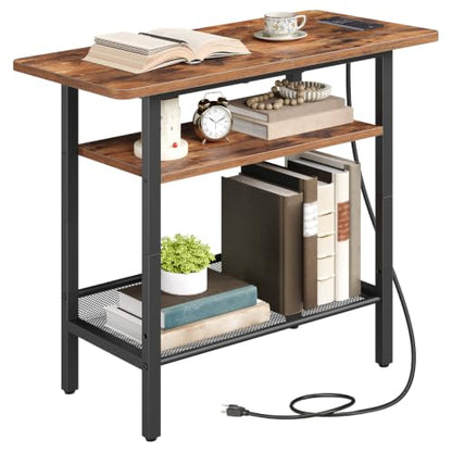HOOBRO Side Table, Narrow End Table with Shelf and Charging Station, 3-Tier Bedside Tables with Wide Storage Tabletop for for Small Spaces, Living Room, Bedroom, Rustic Brown and Black BF366UBZ01 - color: Rustic Brown + Black