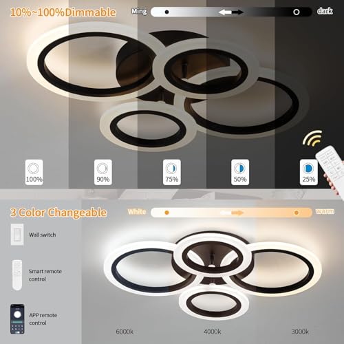 Shine LUEST 34W Modern LED Ceiling Light, 3000K-6000K Dimmable Ceiling Lighting Fixtures Ceiling Mount 4 Rings Black LED Chandelier Bedroom Lights Flush Mount with Remote for Kitchen, 2720LM - color: Black, 4 Rings