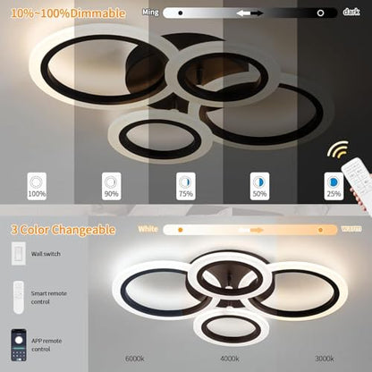Shine LUEST 34W Modern LED Ceiling Light, 3000K-6000K Dimmable Ceiling Lighting Fixtures Ceiling Mount 4 Rings Black LED Chandelier Bedroom Lights Flush Mount with Remote for Kitchen, 2720LM - color: Black, 4 Rings