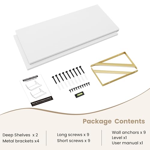 Dreamland Wall Mounted Floating Shelves Set of 2, 30x12, White&Gold | Engineered Wood, Visible Bracket, Large Storage, Hold Up to 55lbs, Living Room, Bathroom, Bedroom, Kitchen - color: White&gold, size: 30"W x 12"D