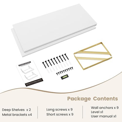 Dreamland Wall Mounted Floating Shelves Set of 2, 30x12, White&Gold | Engineered Wood, Visible Bracket, Large Storage, Hold Up to 55lbs, Living Room, Bathroom, Bedroom, Kitchen - color: White&gold, size: 30"W x 12"D