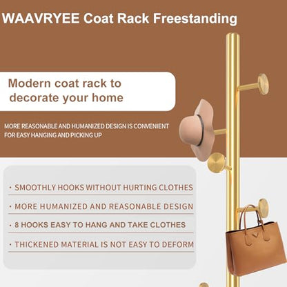 Coat Rack Stand,Golden Metal Coat Rack Freestanding with 8 Hooks | Modern Coat Rack with Natural Marble Base,Coat Hanger Stand, 3 Adjustable Coat Clothes Tree Stand for Office - color: Golden-8Hooks