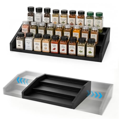 3-Tier Expandable Spice Rack Organizer, 12.8-22.6 in, Black | Adjustable, Countertop Stepped wood & iron Seasoning Organizer, Shelf for kitchen Cabinet Pantry Jars Bottles Syrup - color: Black