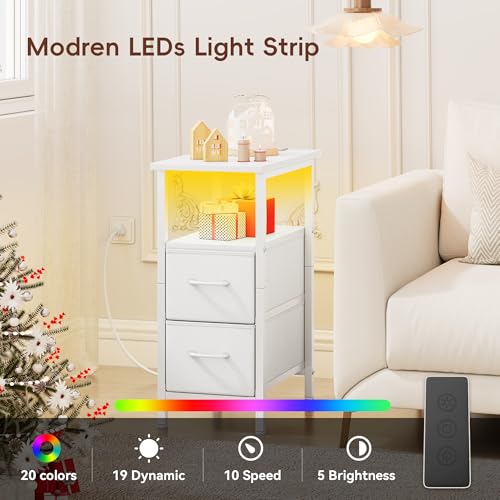 Set of 2 White Nightstand with Charging Station and LED Lights, Narrow Side Table, LED Night Stand with 2 Fabric Drawers, Bedside Table Small End Table, Tall Nightstand for Bedroom, White - color: White, size: 2, style: With LEDs