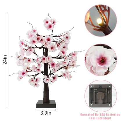 24IN Lighted Cherry Blossom Tree 24 Warm White LED Tabletop Artifical Bonsai Tree with Timer Battery Operated for Wedding Party Spring Christmas Home Indoor Japanese Room Decor - size: 24 INCH