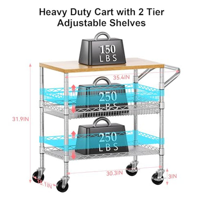 3 Tier Rolling Kitchen Carts with Wheels, Heavy Duty Rolling Utility Cart with Wood Tabletop, Commercial Grade Metal Cart with Handle and Hooks, NSF Storage Serving Island Carts, Light Wood+Metal - color: Light Wood+metal-3 Tier