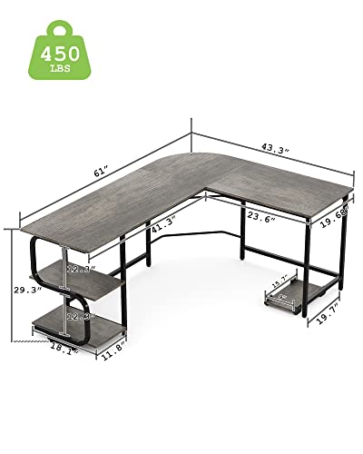 Reversible L Shaped Desk with Shelves 61" Gaming Corner Desk with Storage | Large Desktop Surface, 2-Tier Open Storage Shelves, Premium Office Computer Desk Workstation for Home Office, Gaming, Study