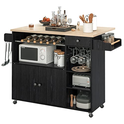IRONCK Kitchen Island Cart with Wheels for Kitchen and Dining Room | Wine Rack, Drawers, Open Shelves, Storage, Drawer Space - color: Black