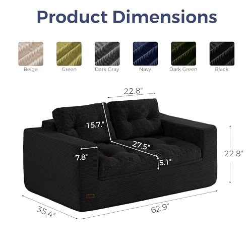 MAXYOYO 63" Boneless Sofa Couch, 2-Seater Cloud Couch Floor Loveseat for Small Space with Pillows, Tufted Floor Sofa with Layered Cushion for Apartment & Lounge, No Assembly Required, Black - color: Puffinest Style Black, size: 63" Loveseat