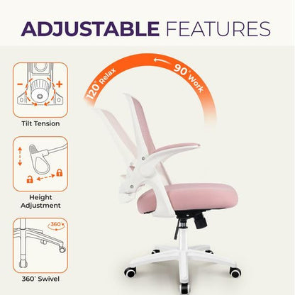 NEO CHAIR Office Desk Chair, Ergonomic Mesh with Flip-Up Armrests, Pink | Lumbar Support, Height Adjustment, 360° Swivel and Rolling Base, Space-Saving Design for Home Office, Vanity or Study - color: Pink