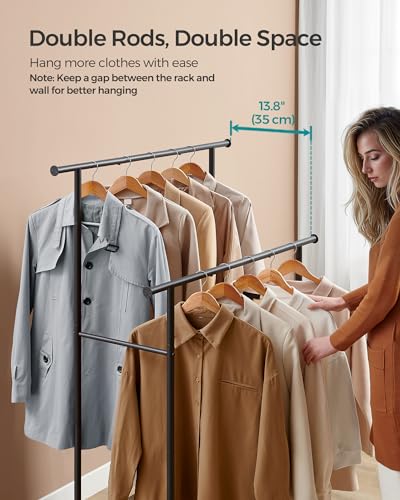 SONGMICS Clothes Rack with Wheels, Double-Rod Clothing Rack for Hanging Clothes, 38.8 Inches Garment Rack with Shelf, Loads up to 220 lb, for Bedroom, Closet, Rustic Brown and Ink Black UHSR152B01 | Clothing Rack for Hanging Clothes, 38.8 Inches, Loads up