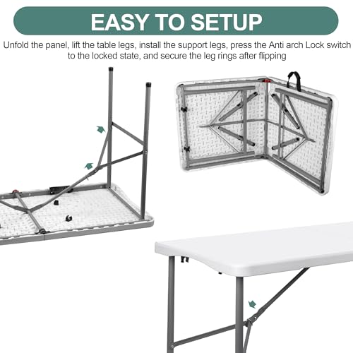 4 ft HDPE Folding Table with Carry Handle, Frame Locks, 330 lb Capacity | 24 x 48 x 29 in, alloy steel frame, weather- and scratch-resistant top, compact fold, indoor and outdoor use - size: 4ft Folding Table