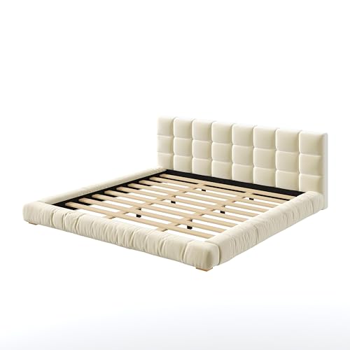Upholstered Velvet Platform Bed Frame with Channel Tufted Headboard, Modern Low Profile Bed with Sturdy Slat Support, No Box Spring Needed (Beige) - color: Beige