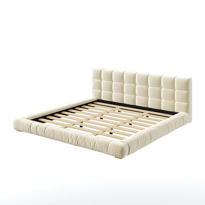 Upholstered Velvet Platform Bed Frame with Channel Tufted Headboard, Modern Low Profile Bed with Sturdy Slat Support, No Box Spring Needed (Beige) - color: Beige