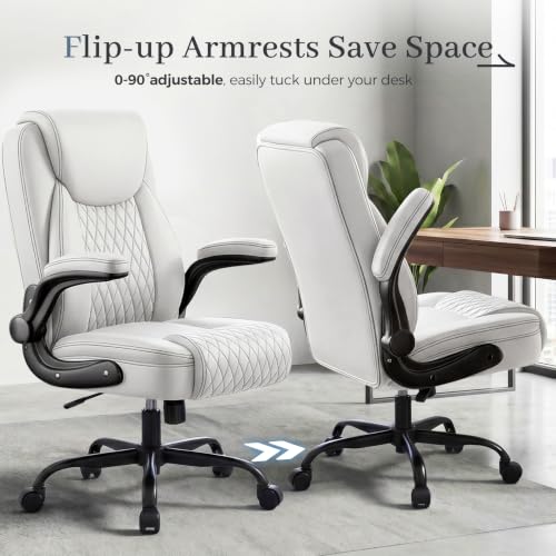 GTPOFFICE Executive Office Chair with Comfortable Lumbar Support, Ergonomic Gaming Chair with Flip-up Armrests & Zoned Pressure-Relief Cushion, Comfy PU Leather Desk Chair, White - color: White