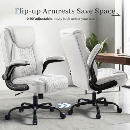 GTPOFFICE Executive Office Chair with Comfortable Lumbar Support, Ergonomic Gaming Chair with Flip-up Armrests & Zoned Pressure-Relief Cushion, Comfy PU Leather Desk Chair, White - color: White
