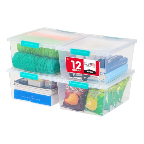 IRIS USA Storage Bins with Lids |Made in USA| 12 Qt - (4-Pack) - Clear | Sensory Craft Organizers, Plastic Clip Box Totes, Flat Containers for Organizing Paper, Office, Art & Study Supplies - color: Clear/Seafoam Blue, size: 12 Qt. - 4 Pack