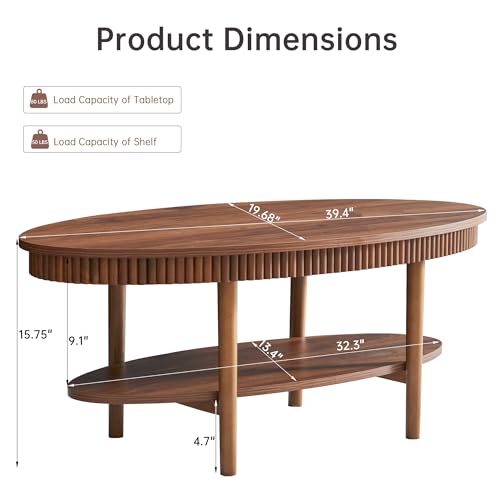 Janmer Home Oval Coffee Table with 2-Tier Storage Shelf, 40" Modern Coffee Tables, Wood Small Center Table, Fluted Accent Tea Table for Small Space Living Room Apartment,Easy Assembly (Walnut) - color: Walnut-40inch Oval, style: 40inch