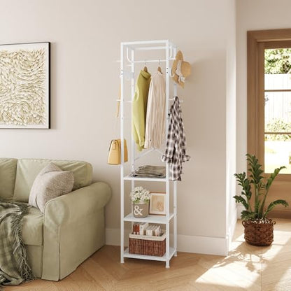 ELYKEN Coat Rack Freestanding, Hall Tree with 3 Shelves and 12 Hooks, White | Industrial Metal Frame, Space-Saving Design, Clothes Rack Stand Organizer for Bedroom, Hallway, Entryway, Office, Living Room - color: White