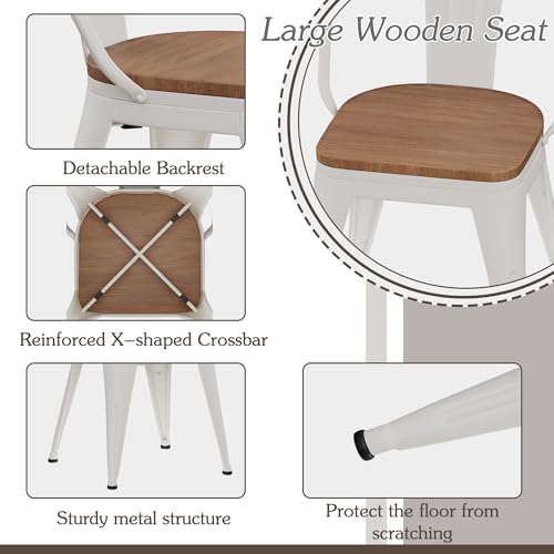 Alunaune 18inch Metal Dining Chair Set of 4 High Back Classic Chic Iron Farmhouse Chairs Industrial Stackable Coffee Stools Bistro Cafe Side Barstools Wood Seat-White - color: Cream White