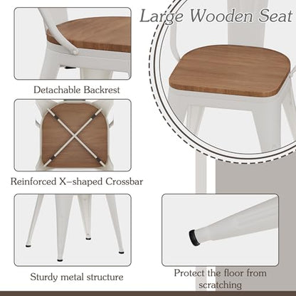 Alunaune 18inch Metal Dining Chair Set of 4 High Back Classic Chic Iron Farmhouse Chairs Industrial Stackable Coffee Stools Bistro Cafe Side Barstools Wood Seat-White - color: Cream White